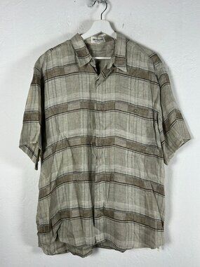 Idea Uomo Mens Short-Sleeve Beige Plaid Button-Up Shirt 100% Linen XL Italy Made
